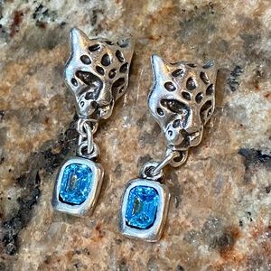 Earrings Hand crafted blue topaz faceted crystals dangling from leopard NWOT